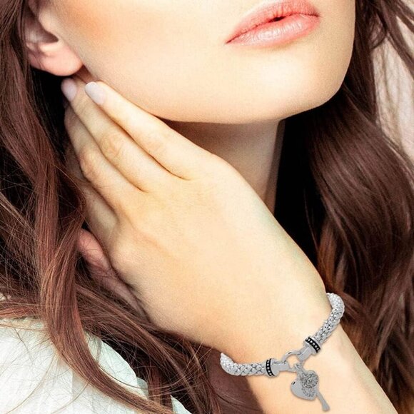 Nine West Women's Boxed Silver Heart Key Stretch Bracelet - Picture 4 of 6